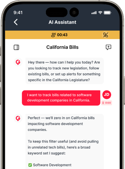 GovBuddy Connect Plus bill tracking interface showing saved searches and hearing alerts