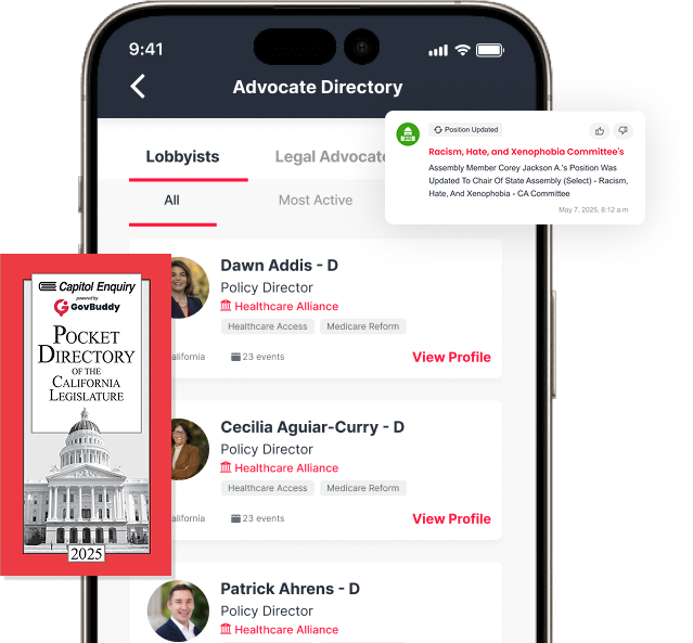 GovBuddy Connect mobile app showing legislator directories and AI chat