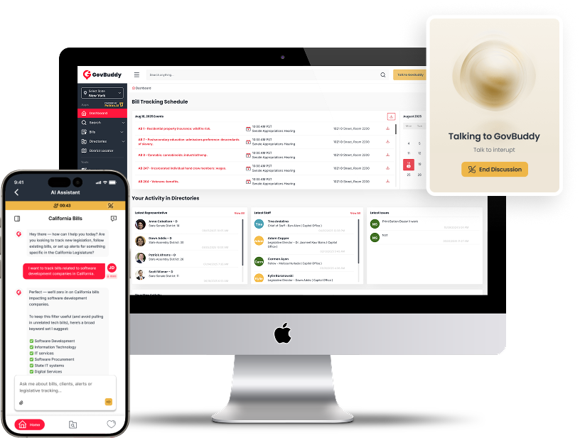 GovBuddy Engage dashboard showing Politics.AI predictions and bill analysis