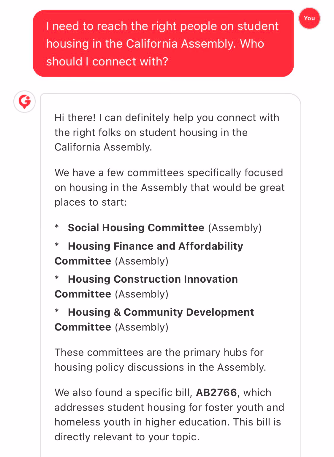 GovBuddy chat assistant: a lobbyist asks who to reach on student housing in the California Assembly, and GovBuddy replies with the relevant housing committees and a related bill