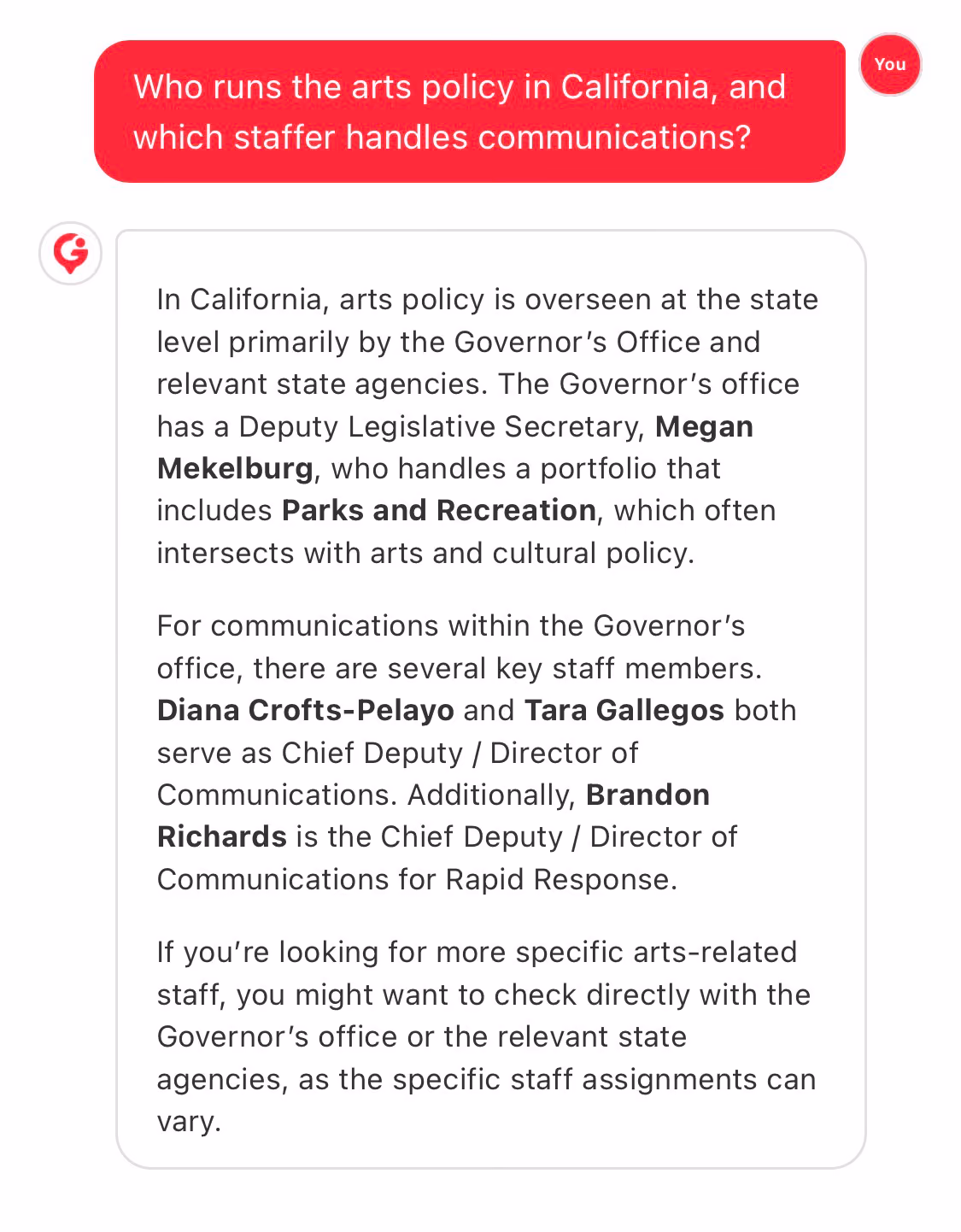 GovBuddy chat assistant: a user asks who runs arts policy in California and GovBuddy replies with the relevant staff