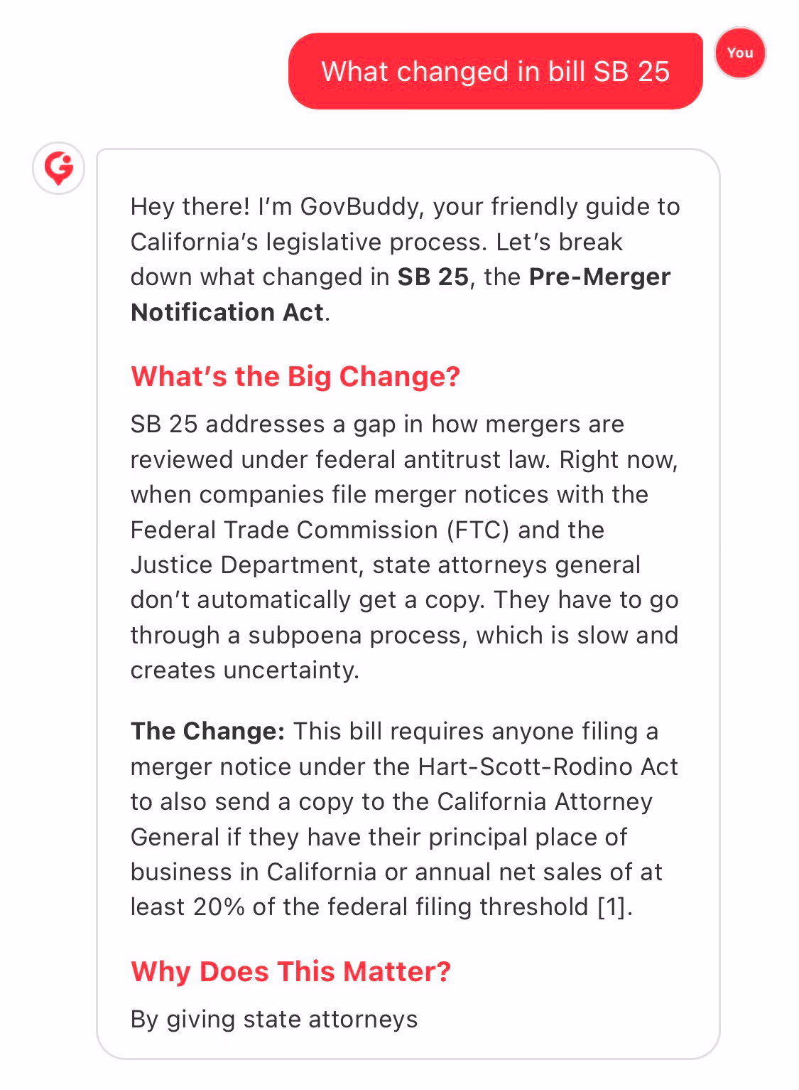 GovBuddy chat assistant: a user asks what changed in bill SB 25 and GovBuddy explains the changes in plain language